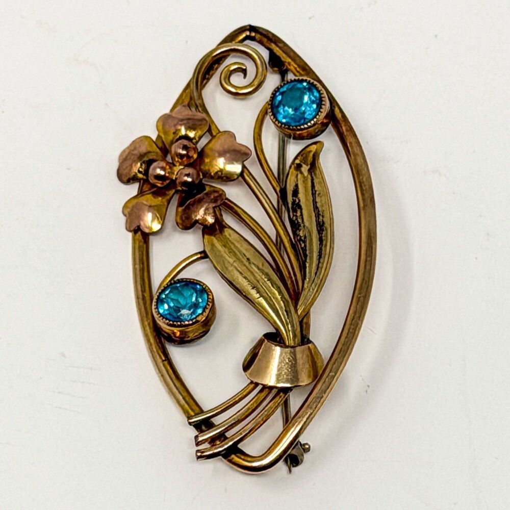 Vintage Signed 12K Gold Filled Floral Brooch Blue Rhinestone Mid Century